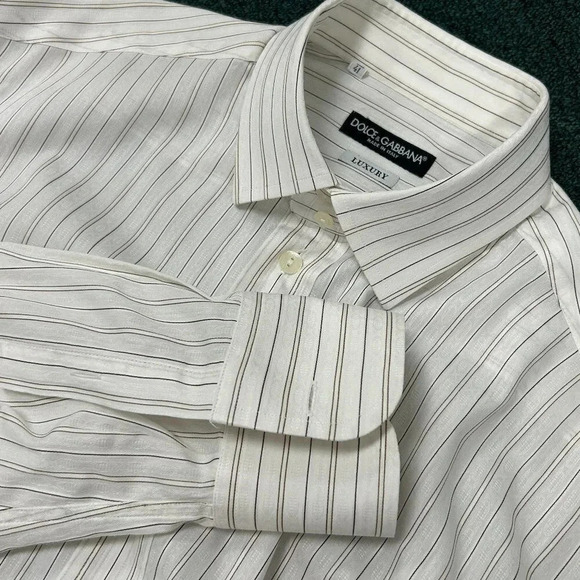 Dolce & Gabbana White with Subtle Brown Stripe Spread Collar Dress Shirt - Picture 1 of 8